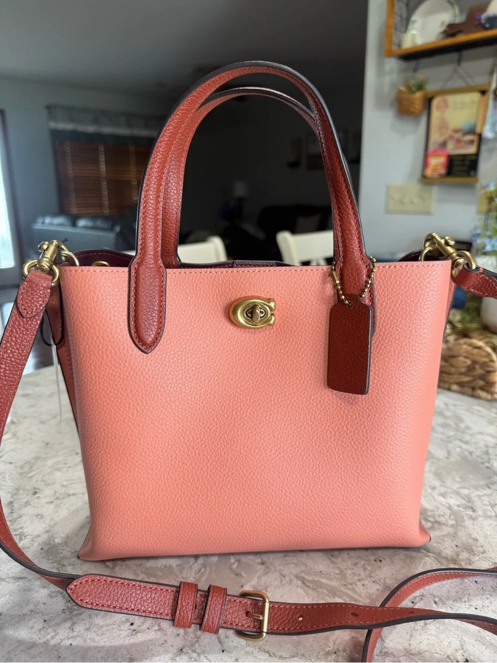 Coach Willow 24 Coral Leather Tote with Brown Trim